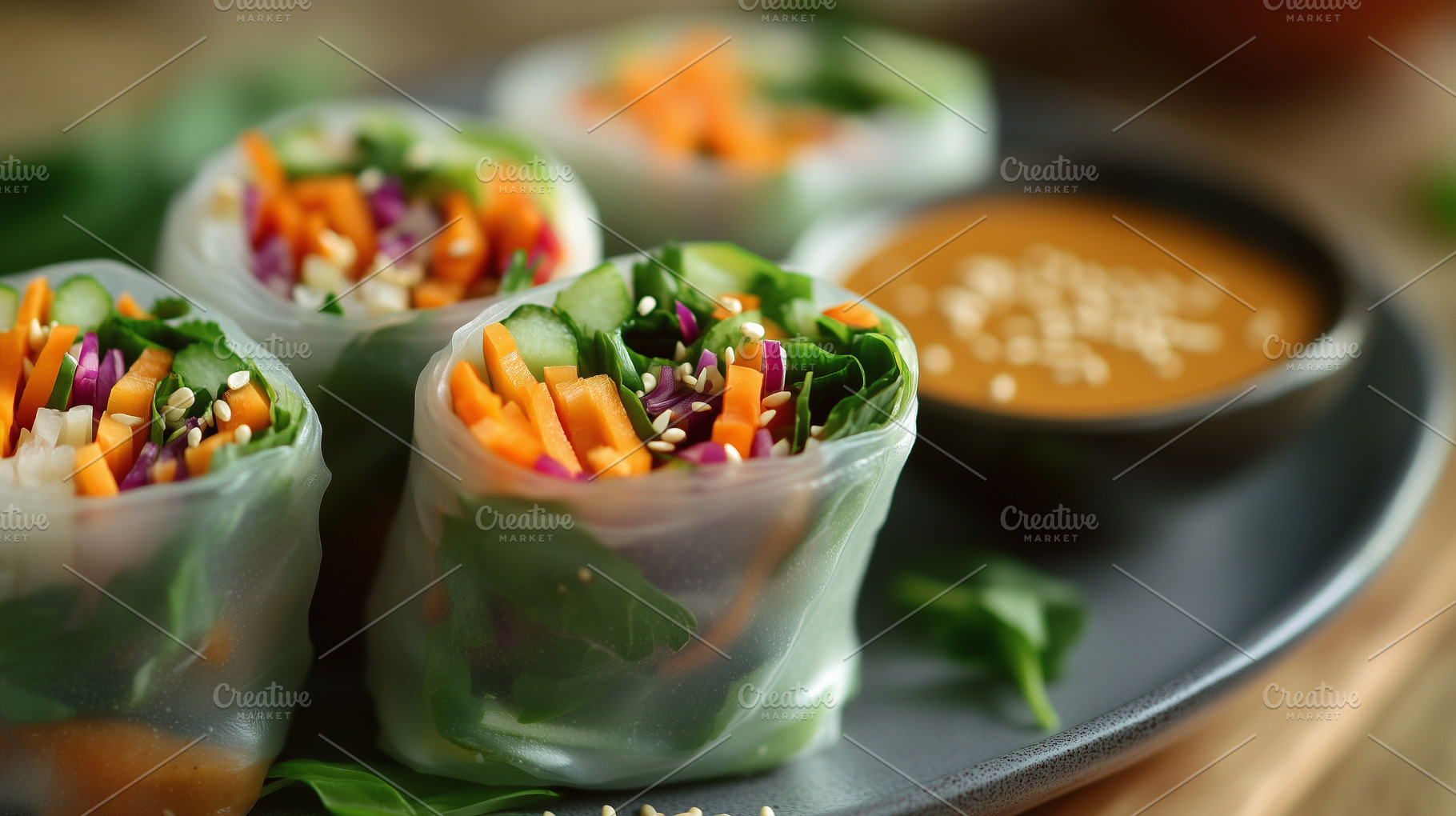 Close up on summer vegan rolls with, a Food & Drink Photo by MistyDay