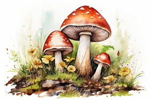 Detailed Mushroom Flowers Watercolor