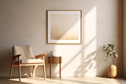 Cozy living room beige interior with wooden chair, coffee table, flowerpot, an Architecture Photo by Lenor4ik