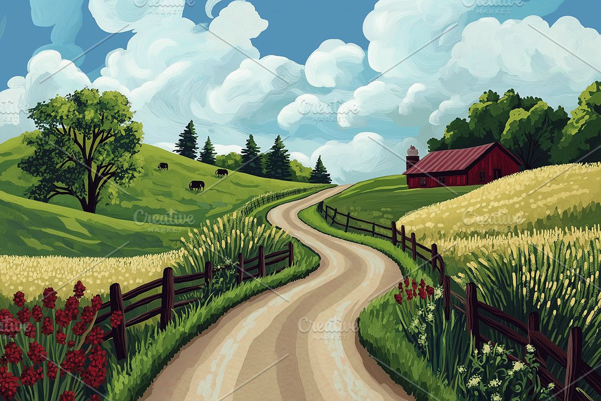 Red Barn on Green Hills Fine Art, a Decorative Illustration by Art Paradise Studios