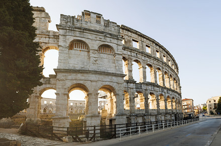 Ancient ruins of the Roman Amphitheatre, Istria peninsula. Pula, Croatia.