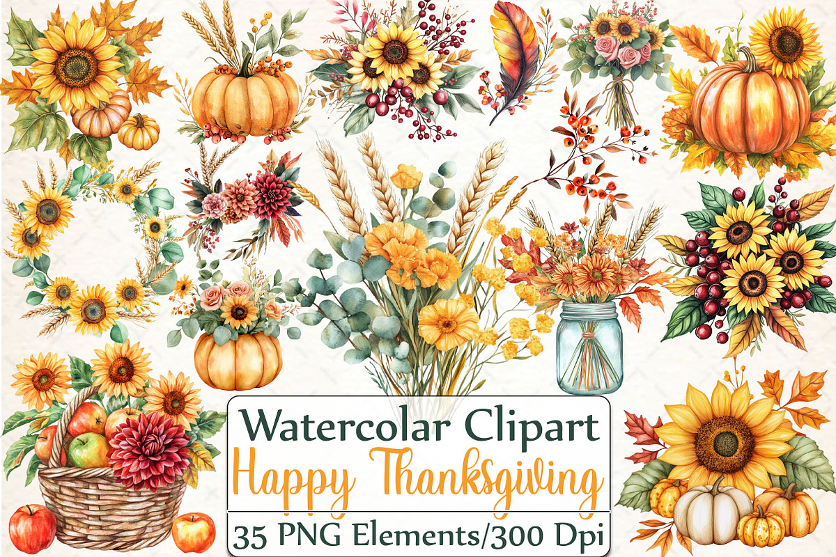 Happy Thanksgiving Floral Clipart, an Illustration by DreamCafeArt (Photo 1 of 6)