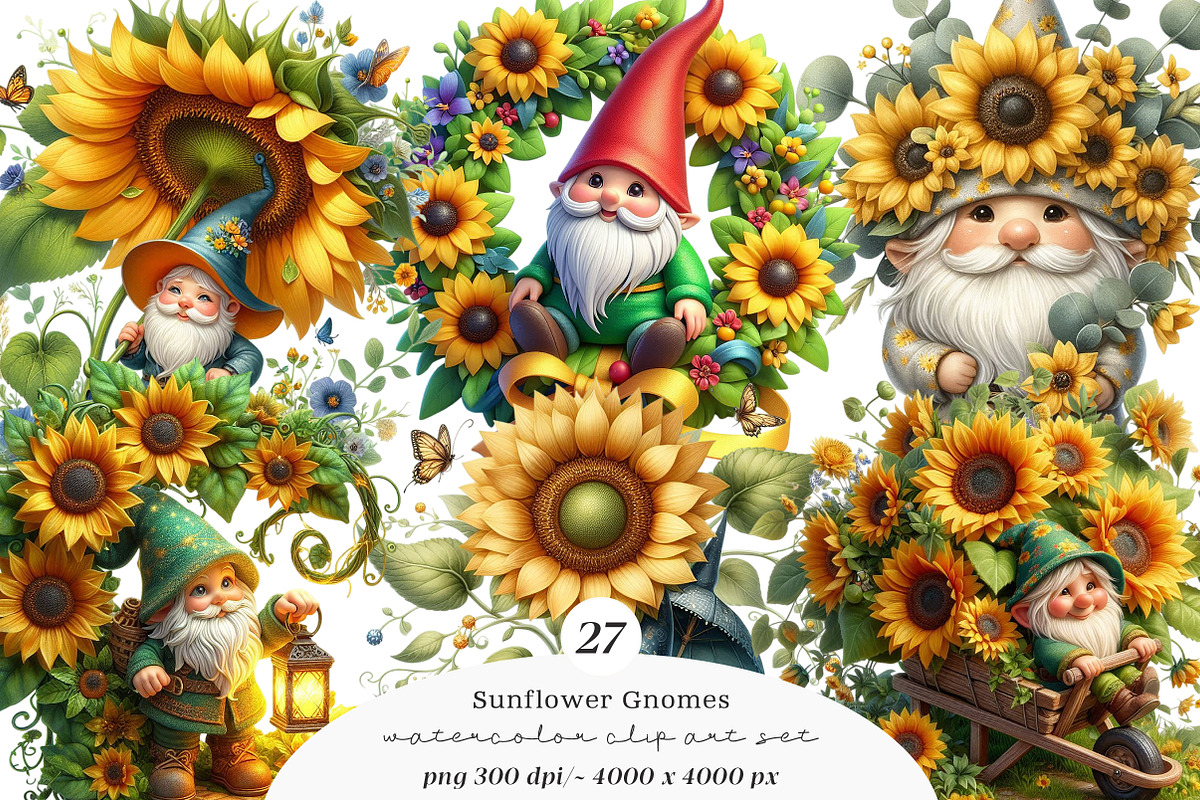Watercolor Sunflower Gnomes Clipart, a Transportation Illustration by SinaCreation (Photo 1 of 9)