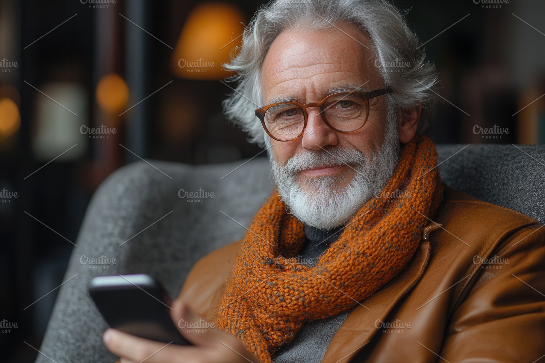 Elderly man with a beard in a cozy c, a Photo by Tanuart