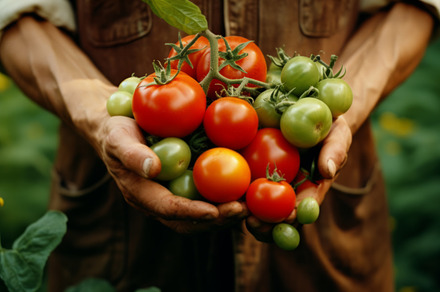 Fresh organic tomato and tomatoes cherry in farmers hands, a Food & Drink Photo by Natalia Klenova's Shop