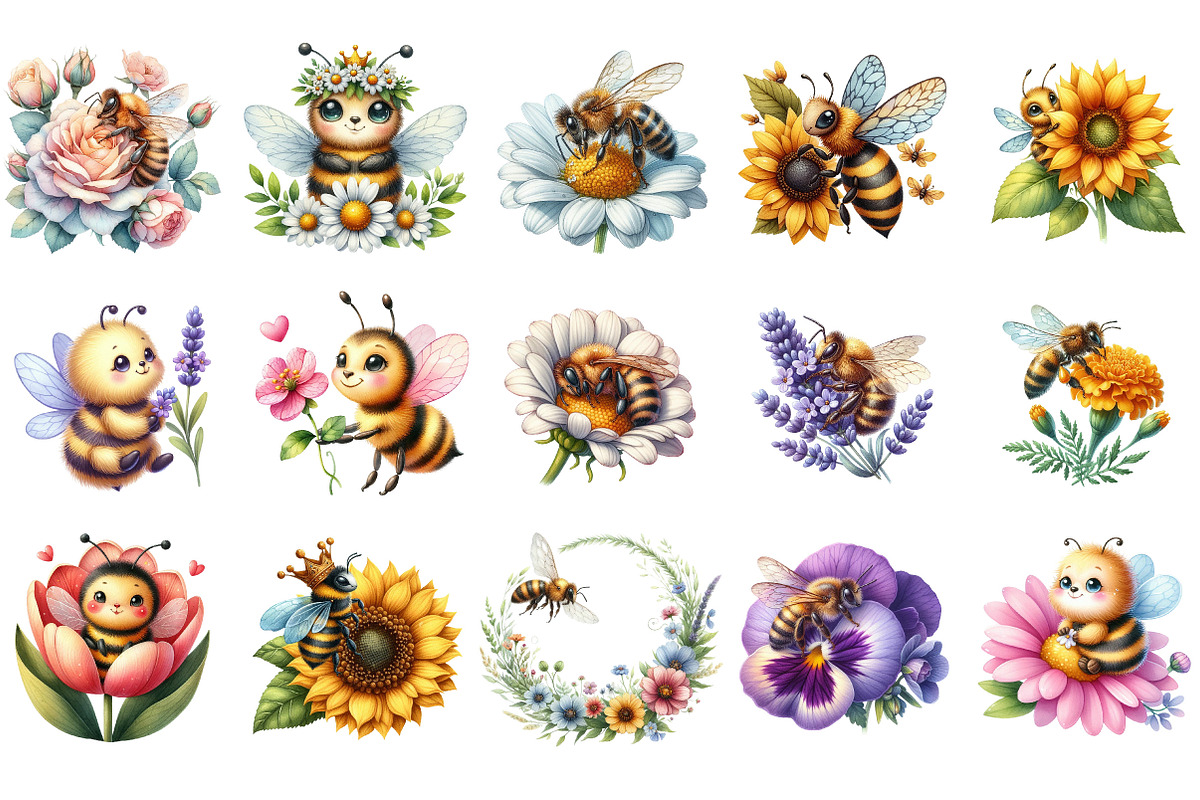 Cute Bee and Flower Clipart, an Illustration by Designking (Photo 2 of 5)