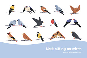 Different birds sitting on wires set, an Animal Illustration by Good Studio