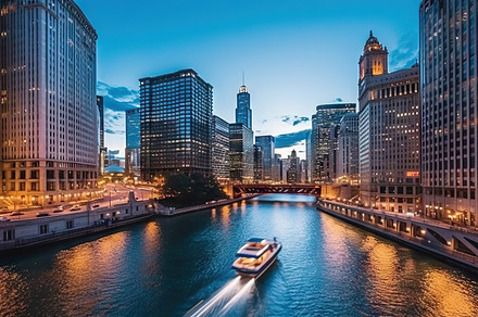 Chicago downtown skyline at dusk, Illinois, United States of Ame, an Architecture Photo by AS photostudio