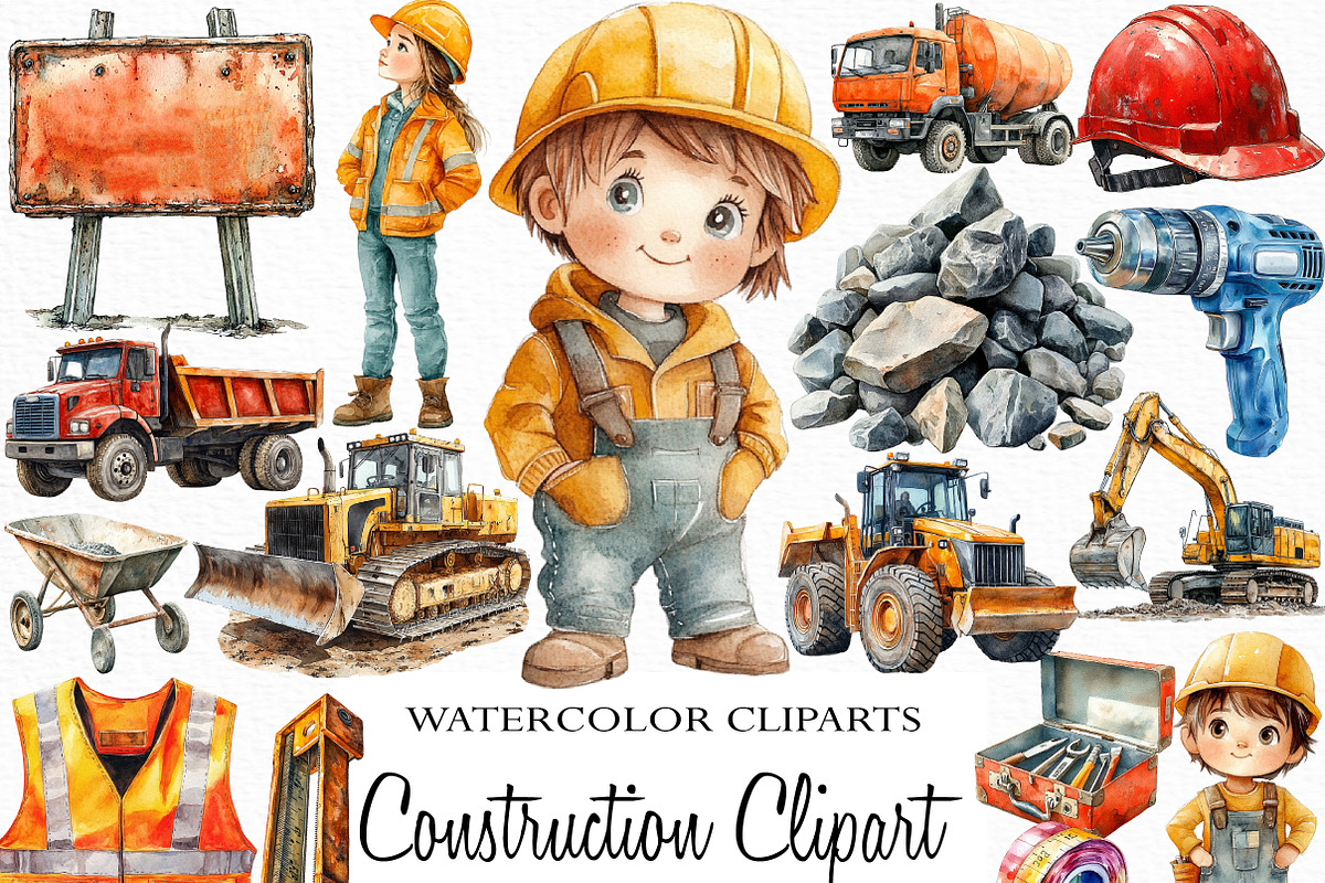 Watercolor Construction Clipart, an Illustration by Craft Nest (Photo 1 of 6)