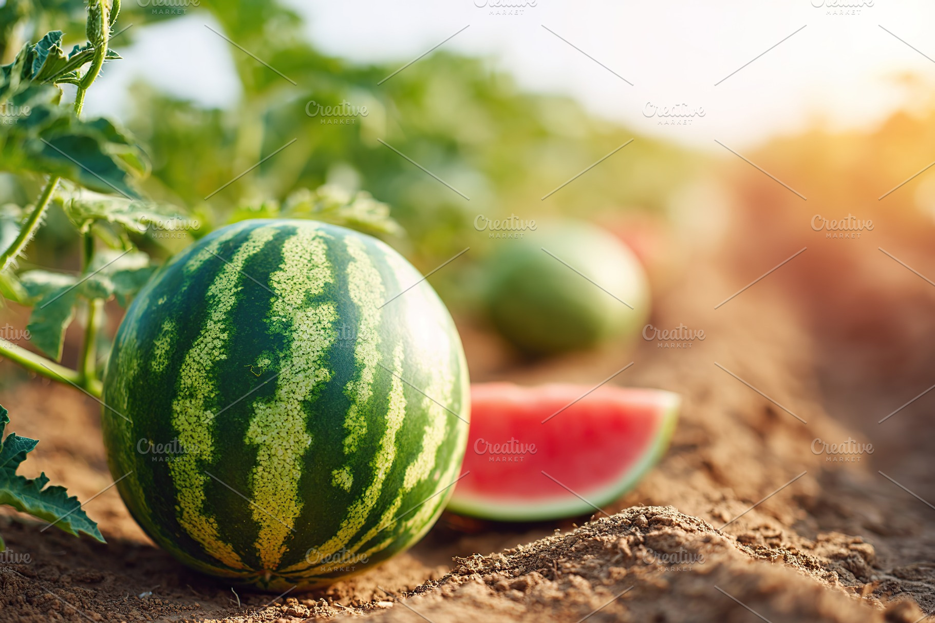 Large ripe watermelon still attached in a sunny field surrounded by other melon, a Food & Drink Photo by AlyaAnd