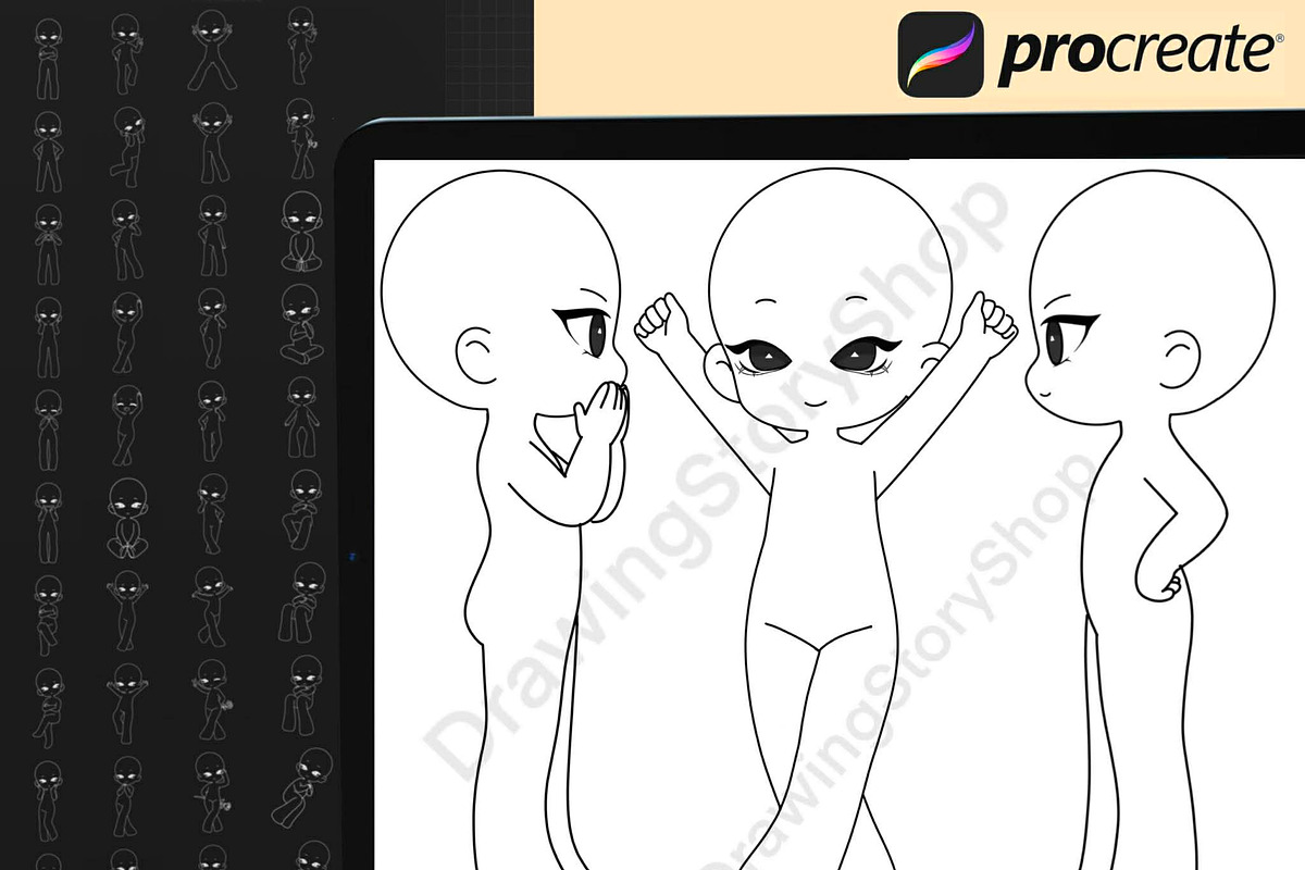 70 Procreate Chibi Poses Stamp Brush, a Brush Add-On by DrawingStoryShop
