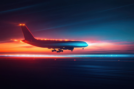 Airplane landing during sunset with, a Background Photo by Pixeness