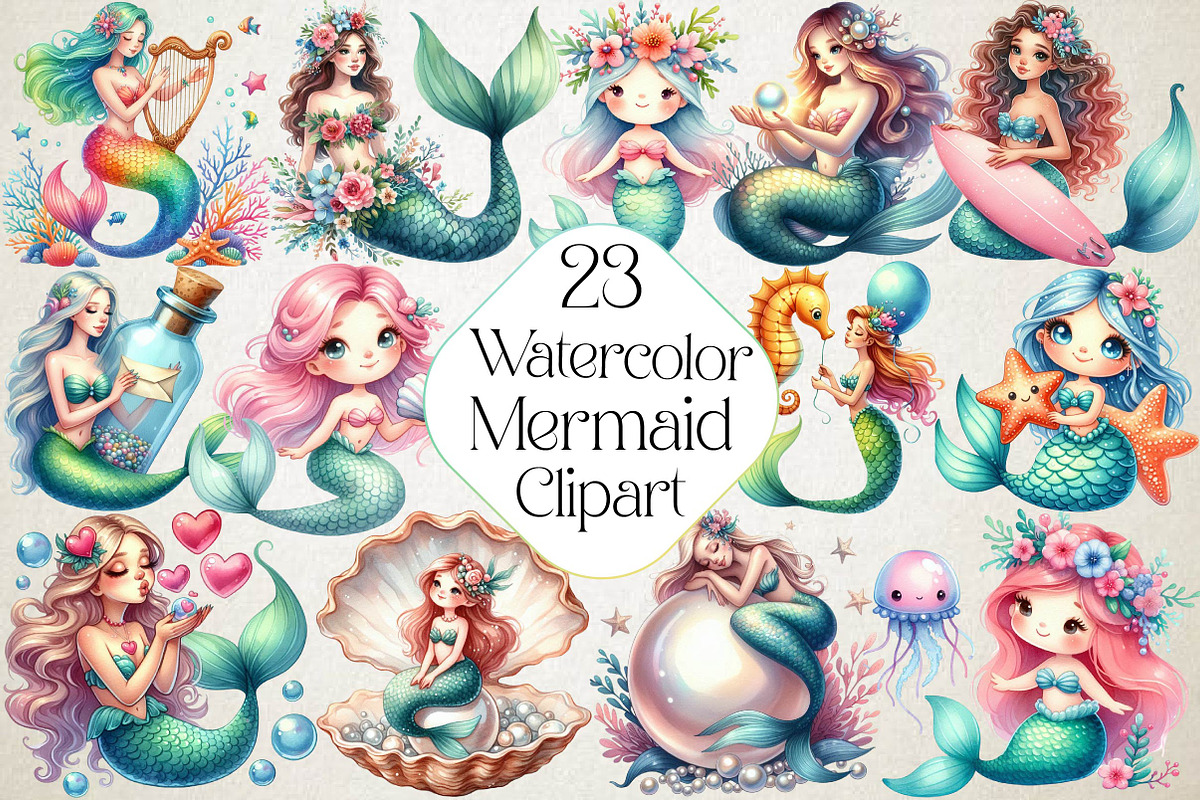 Cute Mermaid Watercolor Clipart, an Illustration by DreamPrint404 (Photo 1 of 3)