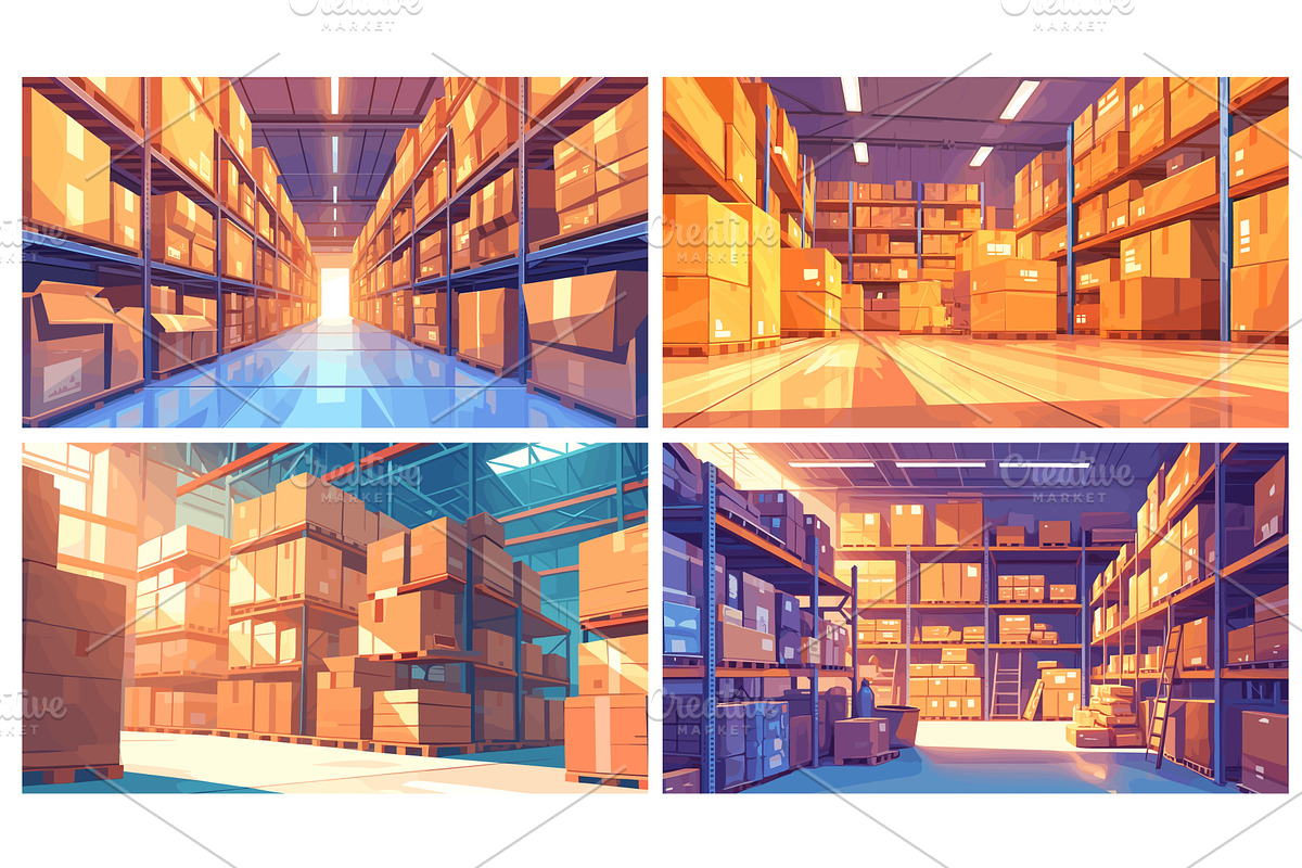 Cartoon warehouse interior set, a Transportation Illustration by Stock-Smart-Start