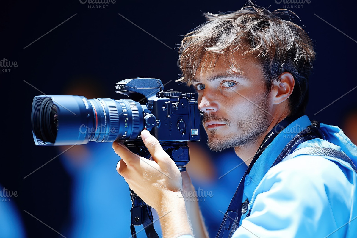 A focused photographer holding a camera, capturing images. He has tousled hair, a Person Illustration by Textures & Backgrounds