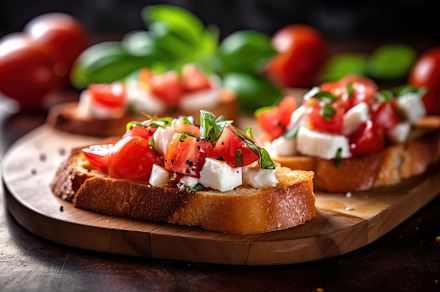 Illustration of tasty bruschetta with tomatoes and basil. Generative AI, a Food & Drink Photo by AlyaAnd