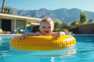 Baby enjoying pool time with float, a Photo by Beautiful things