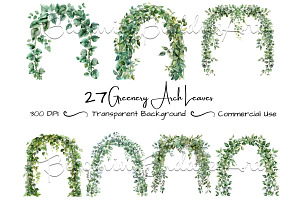 27 Watercolor Arch Green Leaves PNG