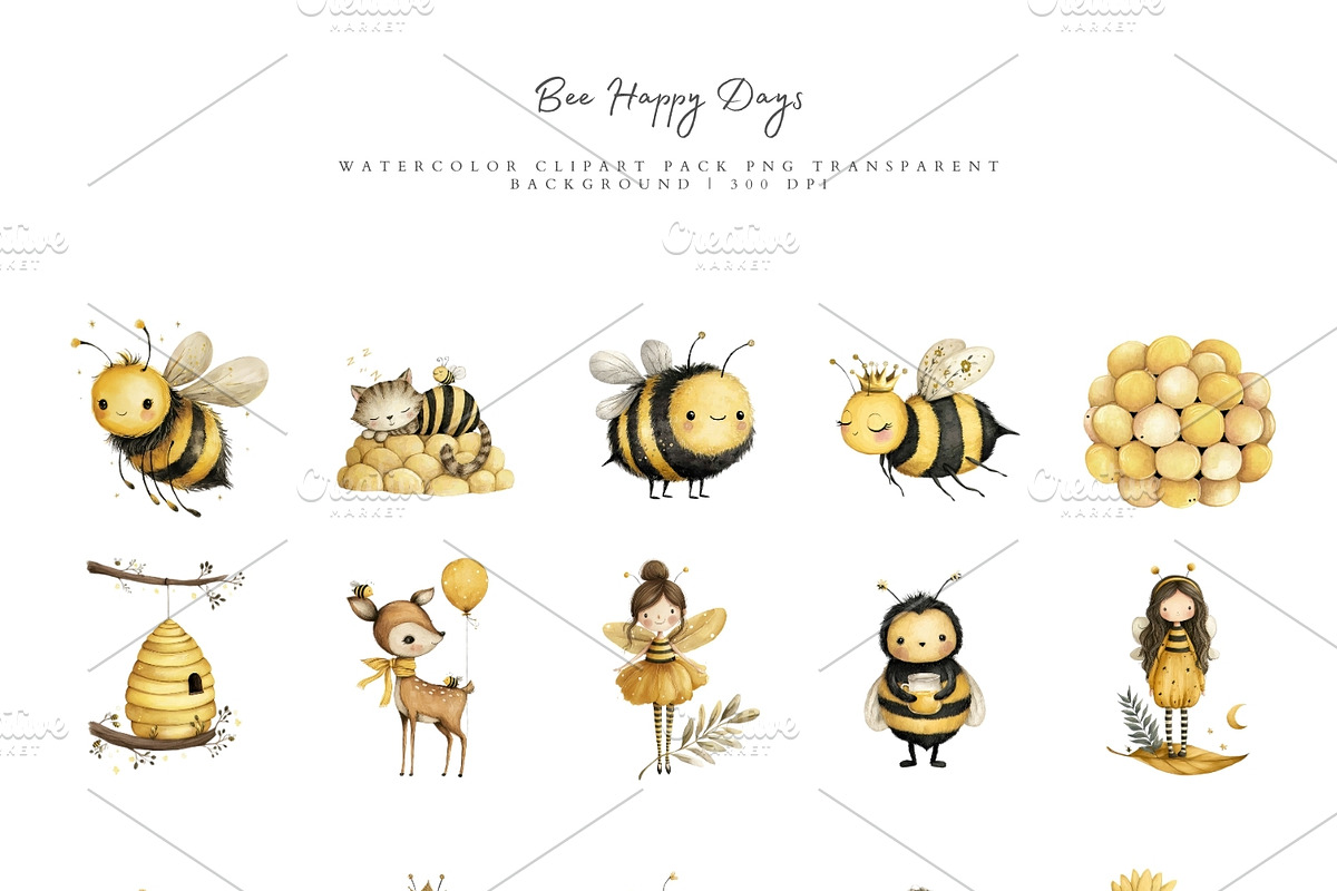 Watercolor Bee Clipart Bundle, an Object Illustration by Pati Paints (Photo 3 of 12)