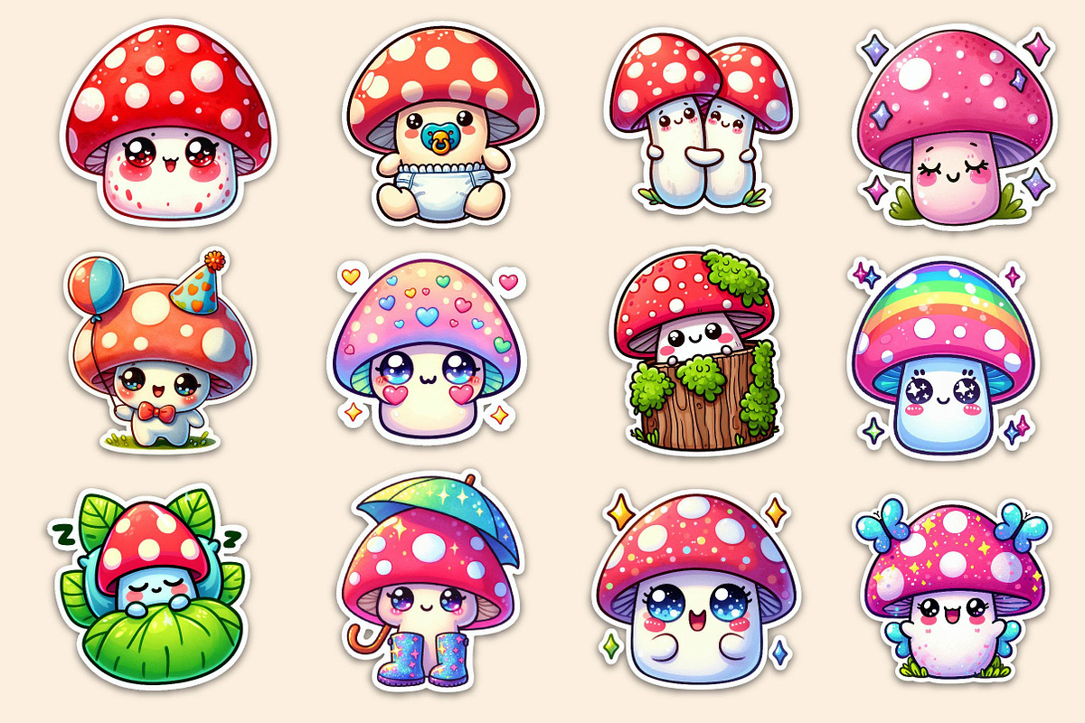 Kawaii Mushroom Stickers Clipart, an Illustration by Dream Creation (Photo 2 of 5)