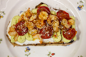 Shrimp bruschetta healthy breakfast bread slice, a Food & Drink Photo by Photo Drive Studio
