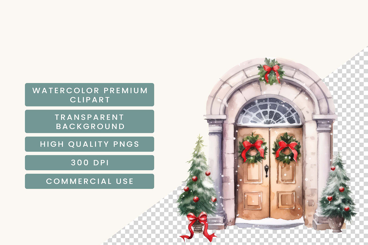 Watercolor Christmas Door Clipart, an Object Illustration by BusyDaydesign (Photo 5 of 7)