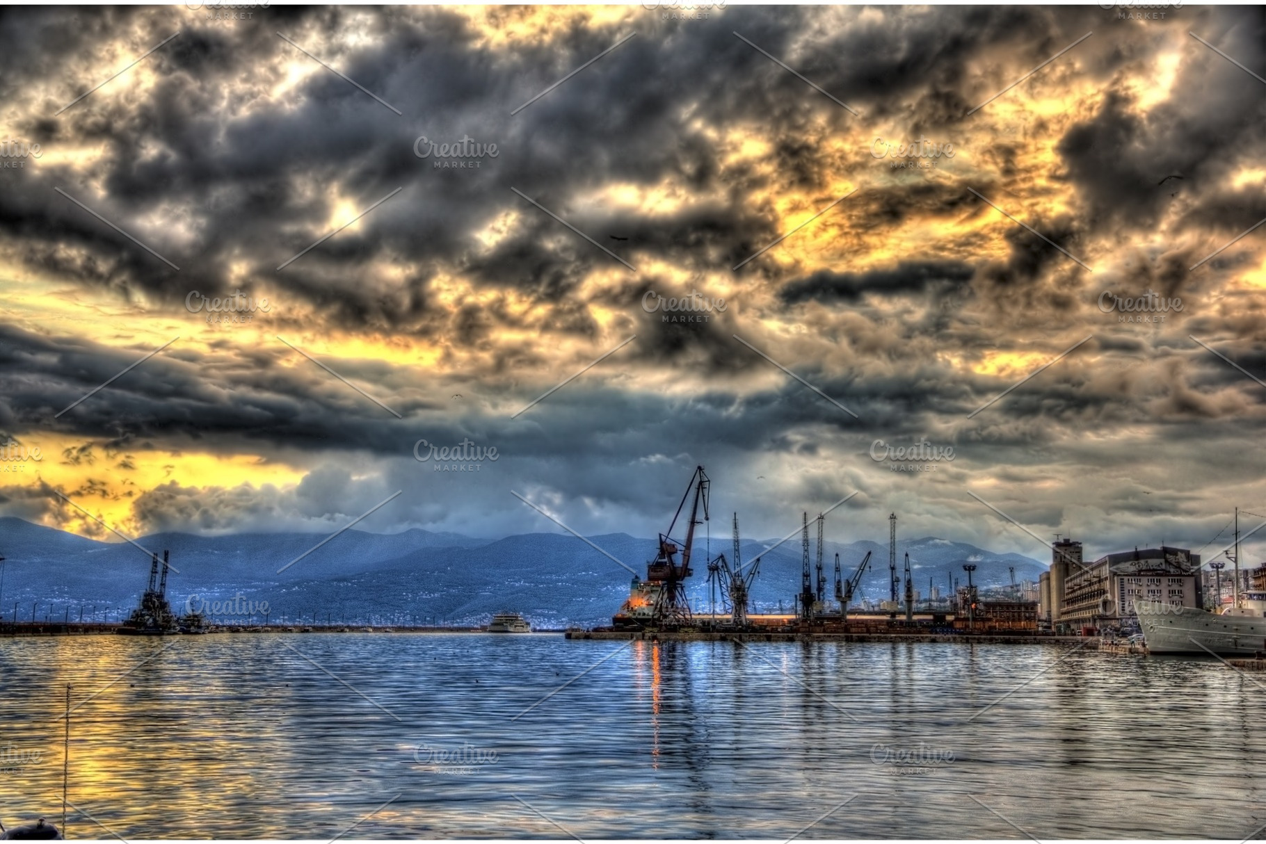 Evening view of rijeka port in croatia stock photo containing rijeka and port, an Industrial Photo by Leonid Andronov