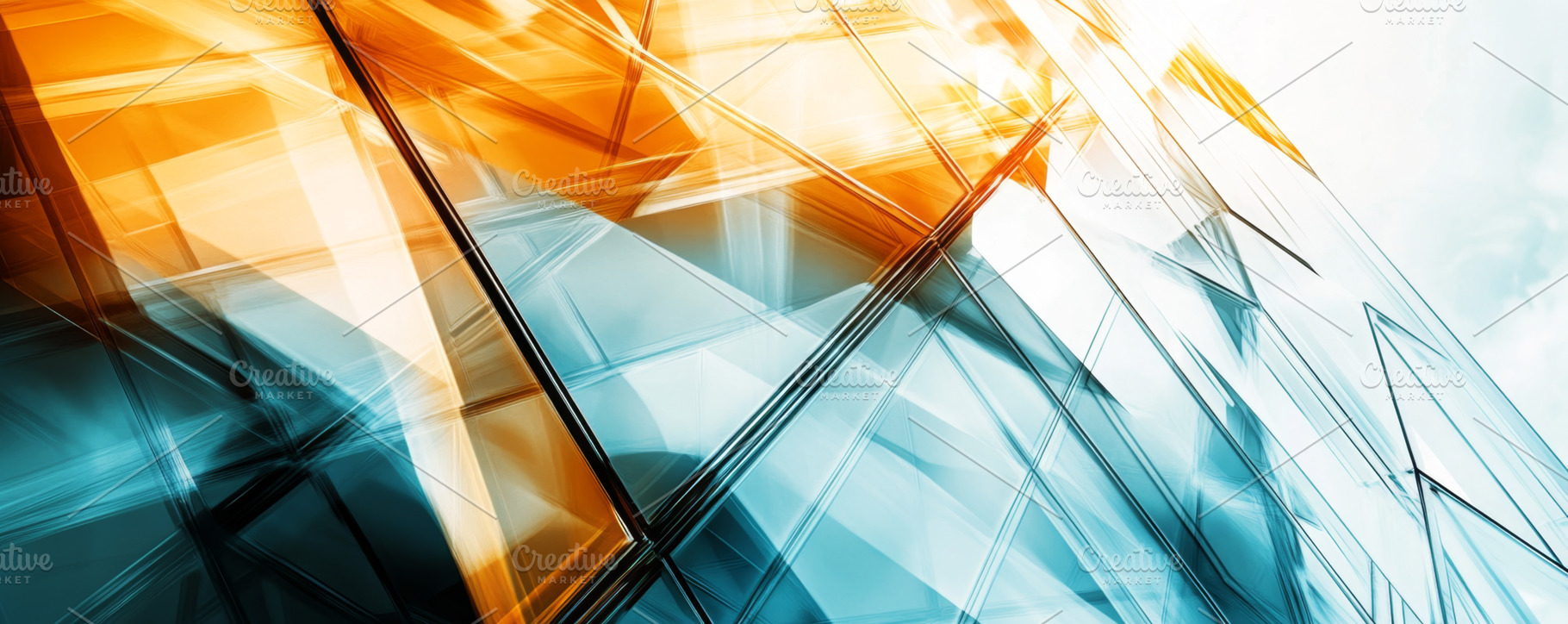 Modern Glass Architecture with Blue and Orange Reflections, an Abstract Photo by Natalia Klenova's Shop