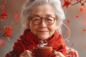 An elderly Caucasian woman with grey hair enjoying a warm cup of tea, surrounde, a Person Photo by ImageMir