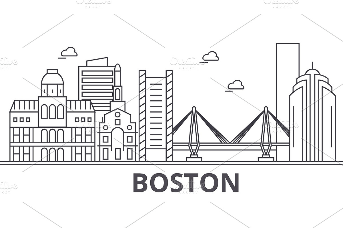 Boston architecture line skyline illustration. Linear vector cityscape with famous landmarks, city sights, design icons. Landscape wtih editable strokes, a Work Illustration by urban icon