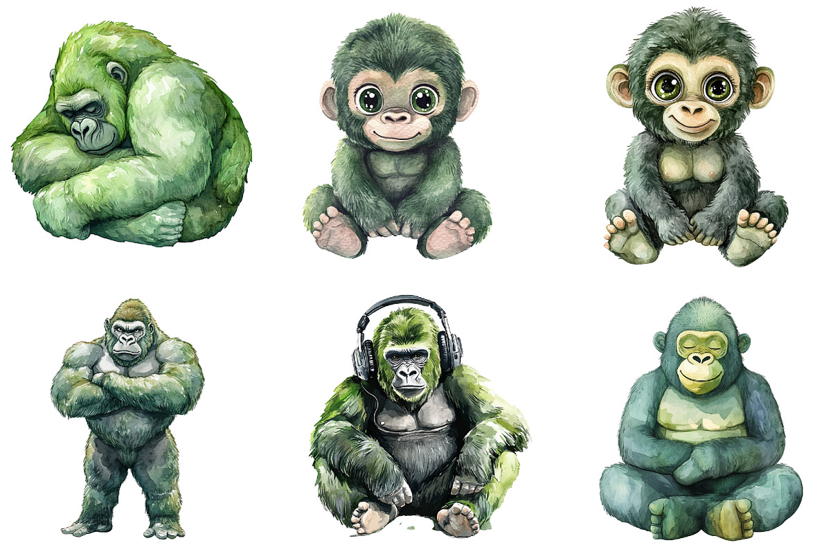 Watercolor Green Gorilla Collection, an Illustration by DreamArtGraphic (Photo 2 of 5)