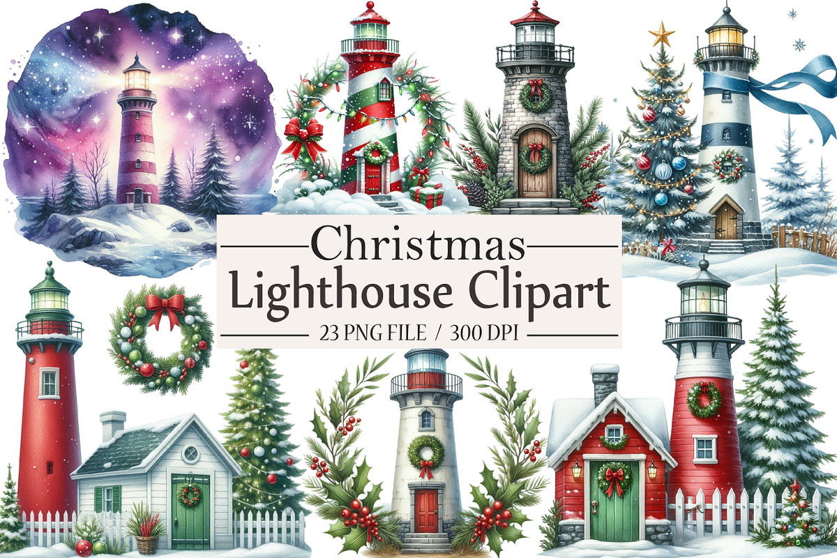 Christmas Lighthouse Clipart, an Illustration by Libby Wishes