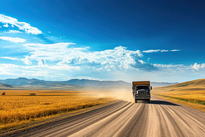 Dusty road meets mountain backdrop, a Photo by Pavel_design