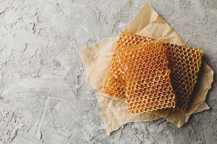 Baking paper with honeycomb pieces on gray background, a Food & Drink Photo by AtlasStudio