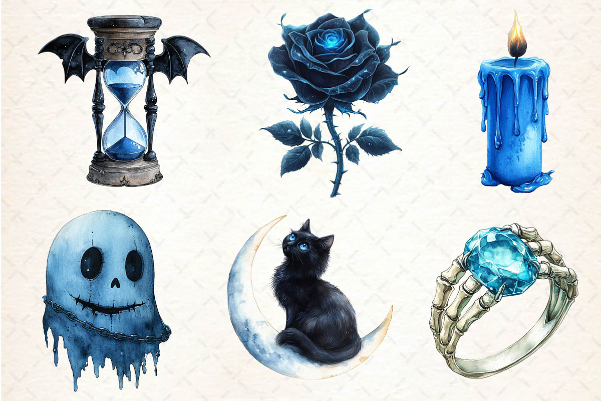 Blue Halloween Watercolor Clipart, an Illustration by Dream Creation (Photo 5 of 7)