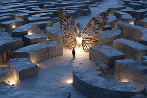 Man Facing Golden Butterfly Sculpture, a Business Photo by Ales Munt