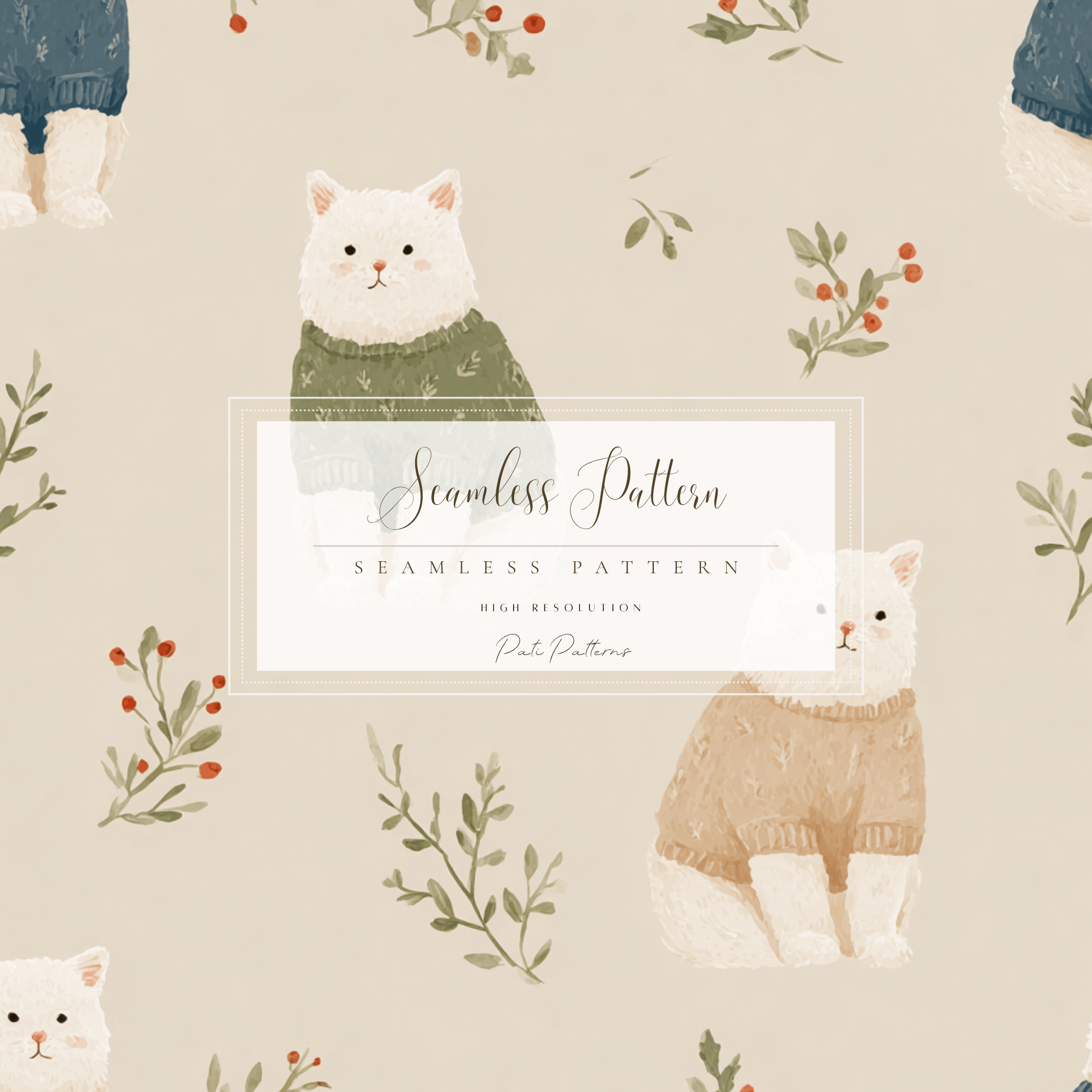 Cute Cats in Cozy Sweaters Seamless Pattern PNG