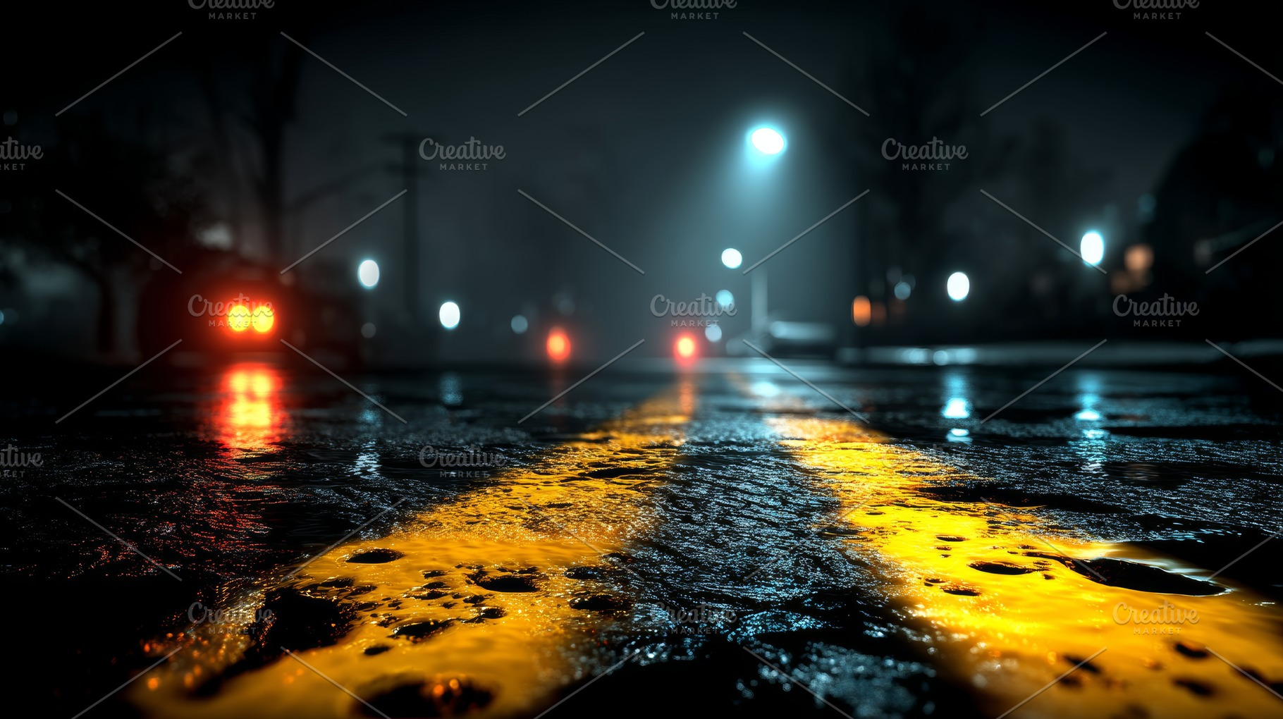 Crime scene night street with wet asphalt and glowing yellow center line reflec, a Photo by AS photostudio