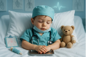 A young child dressed in a blue, a Health & Medical Photo by Sergey Kotenev