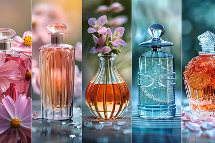 Elegant perfume bottles with flowers in colorful lighting collage, a Photo by AS photostudio