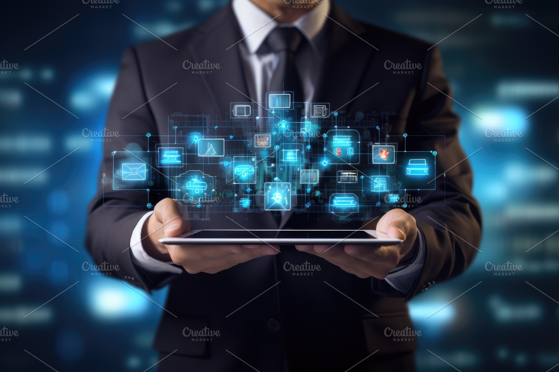 Businessman holding tablet with clou, a Photo by Iftikhar Alam