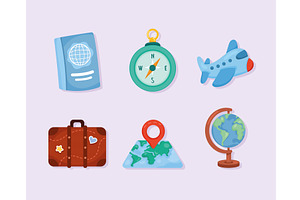 six travel vacations icons, an Object Illustration by studiogstock
