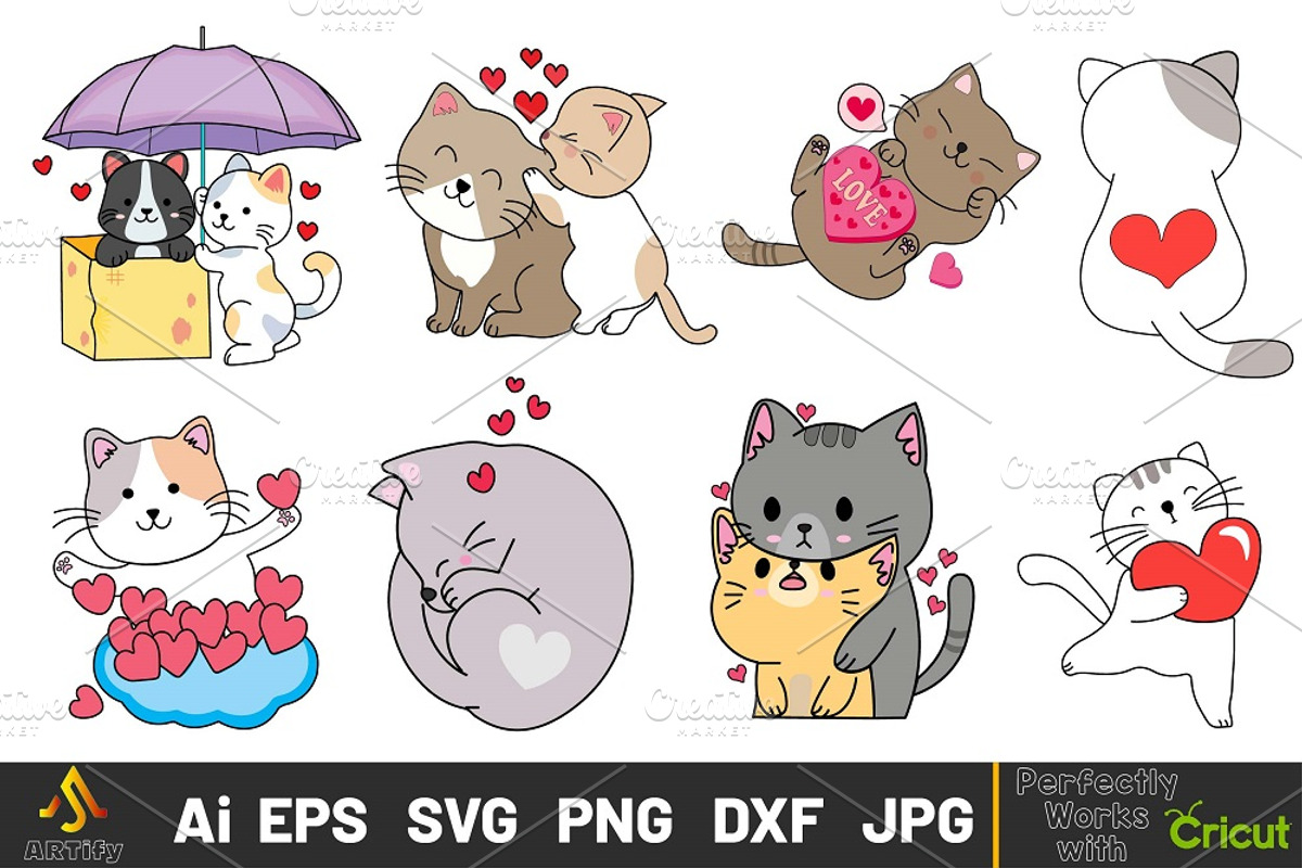 Funny Kawaii Romantic Cats Cliparts, an Animal Illustration by ARTify Illustrations (Photo 2 of 7)