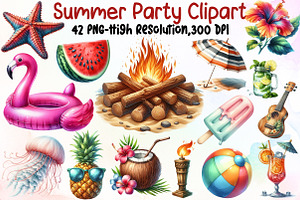 Watercolor Summer Party Clipart, an Illustration by Sublimation Artist