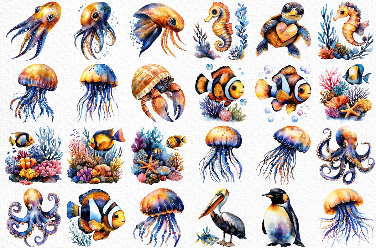 Watercolor Ocean Animals Clipart, an Illustration by Craft Nest (Photo 5 of 11)