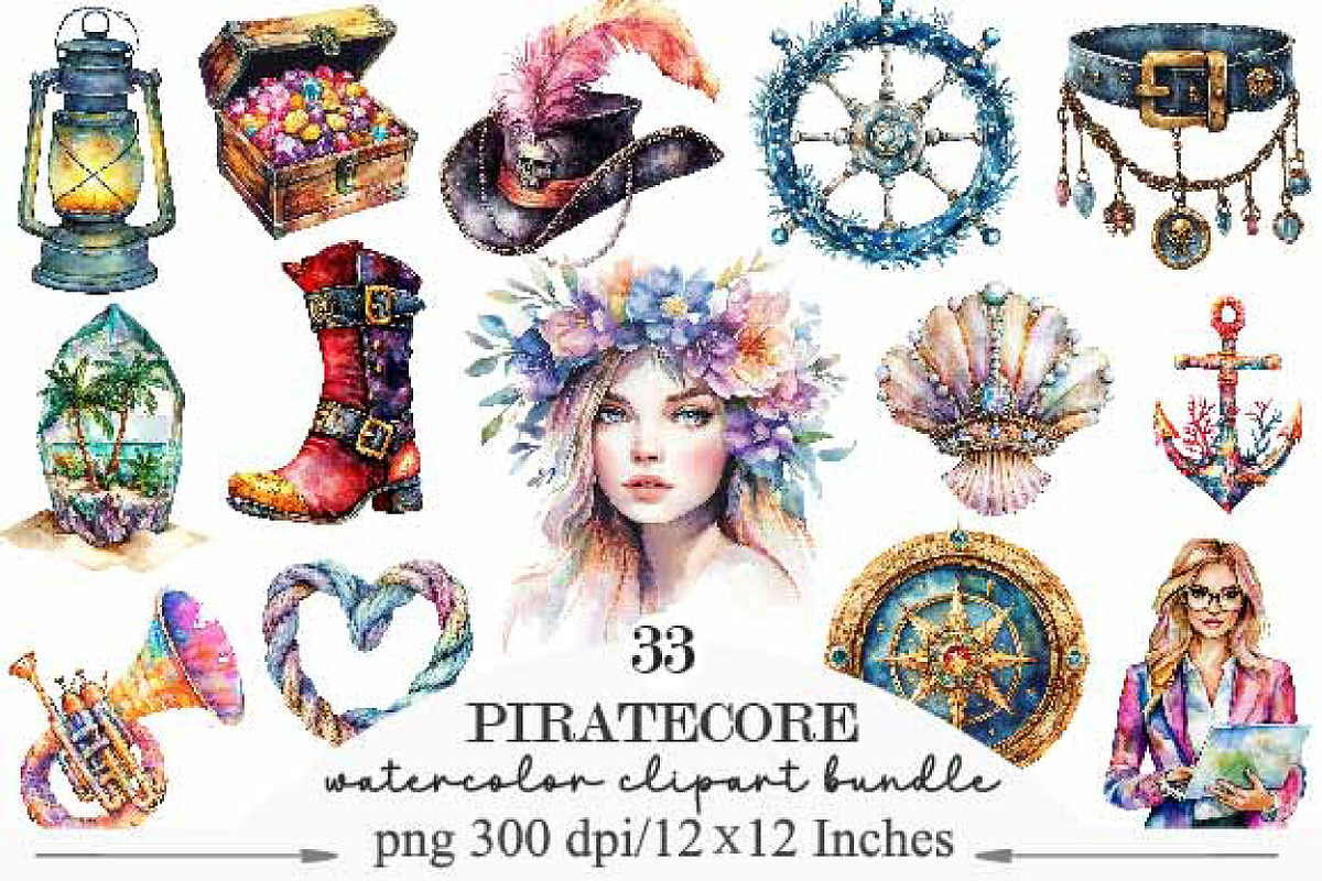 Watercolor Piratecore Clipart, an Illustration by Designking (Photo 1 of 5)