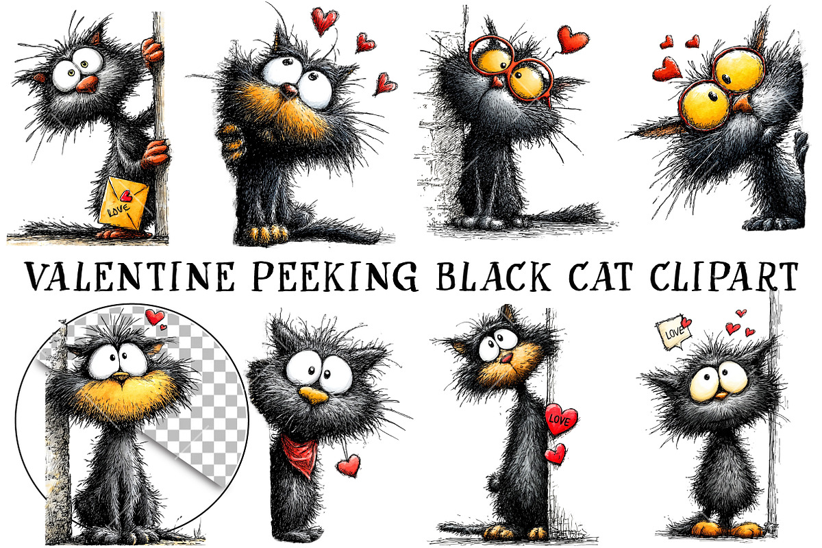 Valentine Peeking Black Cat Clipart, an Illustration by OK Design (Photo 3 of 6)