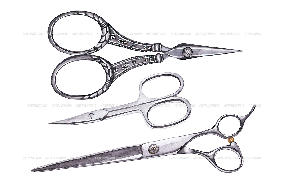 Watercolor vintage scissors clipart, an Object Illustration by ArtfulStudio (Photo 4 of 8)