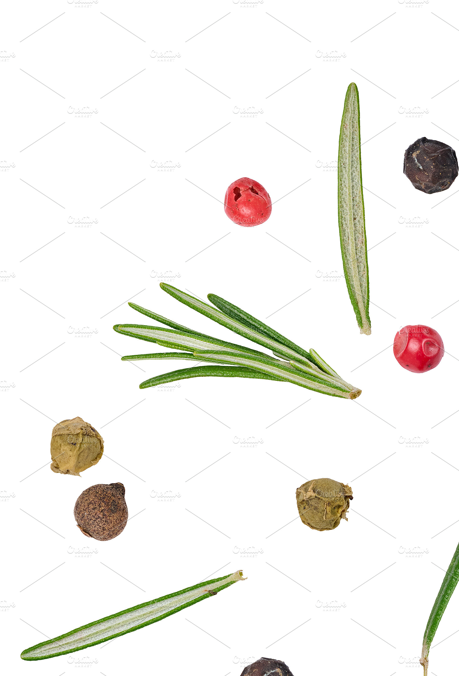 Colorful peppercorns and fresh rosemary needles scattered freely, a Food & Drink Photo by ndanko