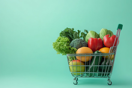 Shopping basket full of different grocery products on mint background, a Food & Drink Photo by AlyaAnd